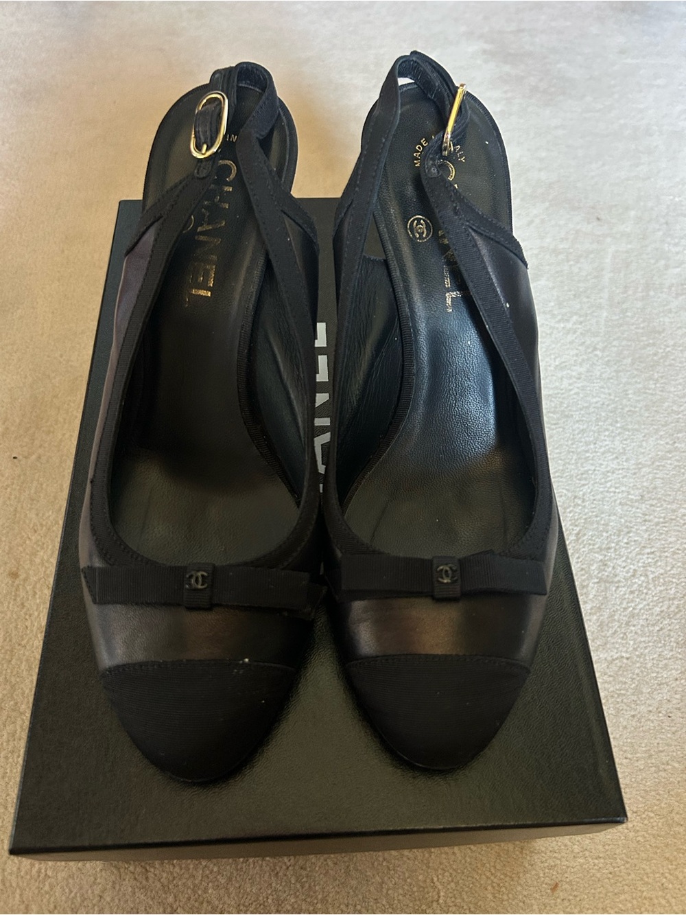 CHANEL Black Cap-Toe Slingback Mules with CC Bow